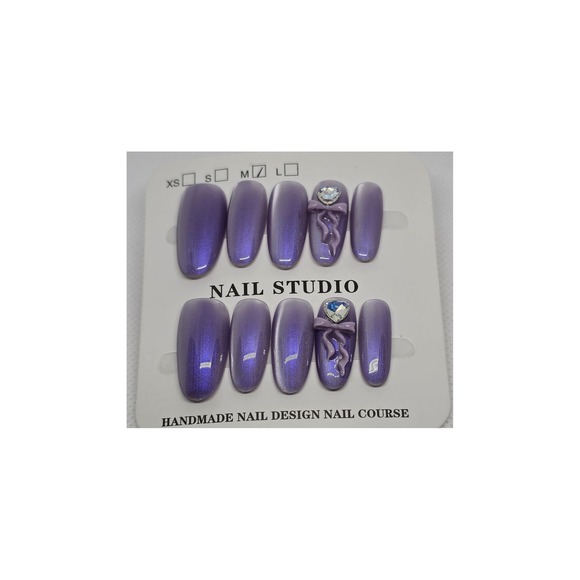 Other - Purple Cat Eye Press On Nails Size M Medium Oval 3D Bow Heart Crystal